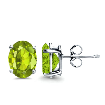 Art Deco Oval Wedding Bridal Solitaire Stud Earrings Simulated Peridot CZ 925 Sterling Silver-7mmx5mm
